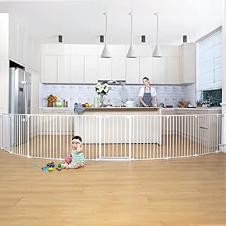 84 - 503 cm Baby Gate Extra Wide Tall Stair Safety Gates for Pets & Kids, 8 Panels Foldable Baby Fence Metal Dog Barrier, Hardware Mount, 76cm Height - White