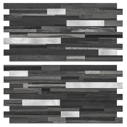 STICKGOO 2 Sheets Peel and Stick Backsplash Tile, Stick on Backsplash for Kitchen and Bathroom, Black Grey Wood Look PVC Mixed Metal Silver Self Adhesive Wall Tiles 2 Black Grey + Metal Silv