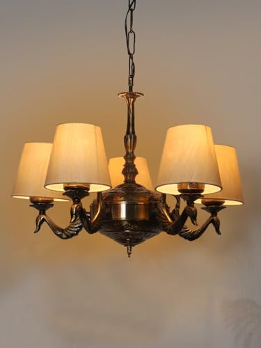 Image of Devansh 05-Light Conical Off-White Cotton Shade Chandelier - Antique Golden Finish | Adjustable Cord | Warm Glow Lamp - Ceiling Light for Living Room, Dining Area, Bedroom & Entryway Decor - D1