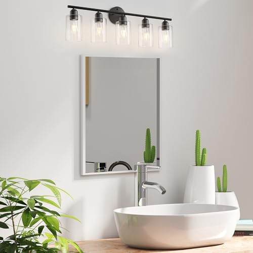 Image of Bathroom Vanity Light Fixtures Matte Black Bathroom Lighting Fixture, 5 Lights Bathroom Light Fixture Over Mirror, Modern Black Vanity Light, Wall Sconces with Glass Shades