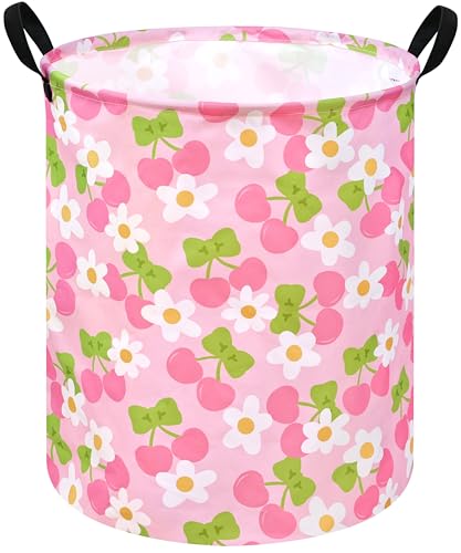 Image of Kids Laundry Hamper Clothes Gift Basket Storage Laundry Baskets Organizer Bin with Handles for Nursery Room (Pink Cherry)