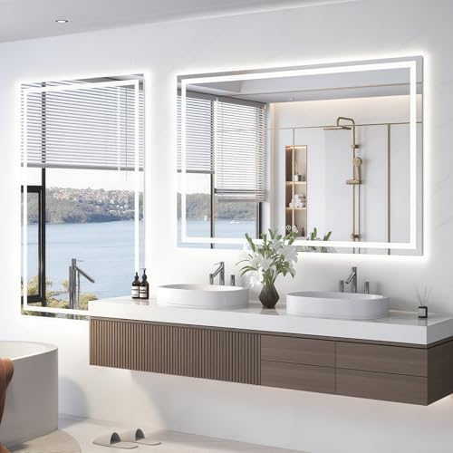 48"X40" LED Bathroom Mirror with Front Lights and Backlit, Anti-Fog, Dimmable, Shatter-Proof Tempered Glass, Lighted Bathroom Vanity Mirror for Wall with 3 Colors, Memory Function