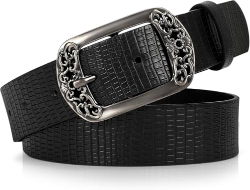 Women's Genuine Leather Belts, Western Vintage Belt with Engraved Buckle, Ladies Belt for Jeans Pants