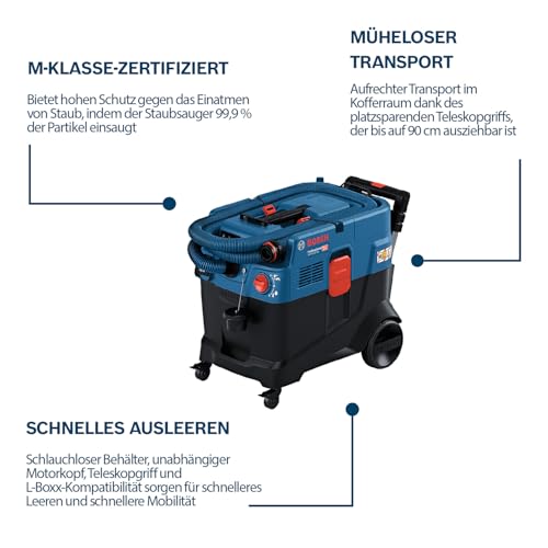 Bosch Professional Allessauger Gas 12-40 MA (1200 W, automatische Filterreinigung (AFC), inkl. Hauptfilter, Schlauch, Kombi-Werkzeugadapter, Kombi-Bürstendüse)