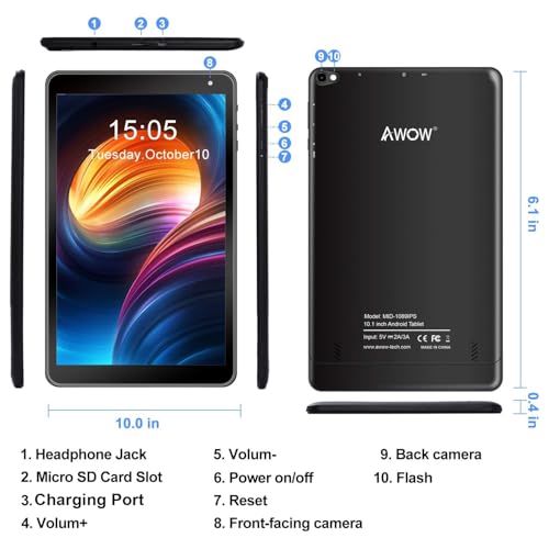 AWOW 10,1-Zoll-Tablet, 5000 mAh Akkulaufzeit, 2 GB RAM und 32 GB Speicher, Micro-SD-Karte mit bis zu 128 GB, Android 10 Go Edition, 800 1280 HD IPS-Display, 1,5 GHz Quad-Core-Prozessor