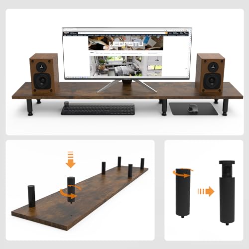 WEGASTU Large Dual Monitor Stand Riser 43.3IN，Vintage Home Office Storage For Desk Accessories，Solid Wod Desk With Adjustable Legs For computer/PC/Laptop/Printer/Container/dressing table by WEGASTU - Image 4