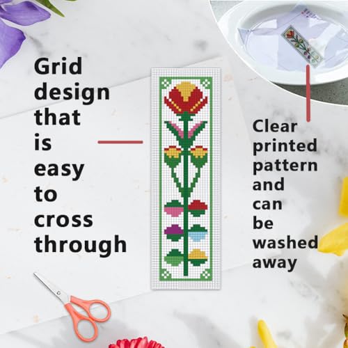 Image of INFUNLY 6pcs DIY Flower Cross Stitch Bookmark Kits for Beginners 2.4''x7.9'' Colourful Flowers Stamped Embroidery Bookmark Kits with Instruction Needlepoint Bookmark Kits with Plant Pattern for Gift