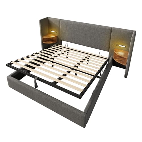 Gegtuon Doppelbett Polsterbett 180x200 mit LED-Licht & USB-Nachttischen, Bett Hydraulisch Stauraumbett mit Stauraum Kopfteil, Jugendbett Bettgestell mit Holz Lattenrost, ohne Matratze, Leinen (Grau)