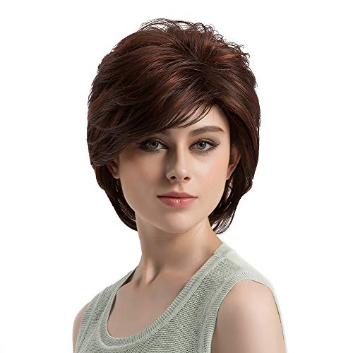 Wigs for Women Short Curly Wigs Short Straight Wigs with Bangs Synthetic Hair Wig Heat Resistant Natural Looking for Daily Party Cosplay (Burgundy Red)