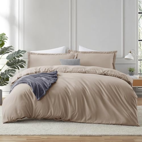 Image of Hearth & Harbor Khaki Duvet Cover Twin Size, 2 Piece Bedding Set | Soft Double Brushed Bedding Set, Button Closure, 1 Duvet Cover 68x90 Inches, 1 Pillow Sham