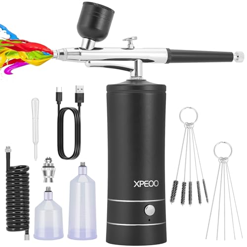 Airbrush KIT Cordless Rechargable with Compressor Portable Air Brush Sets,Auto Handled for Model Painting,Nail,Make Up,Tattoo, Black