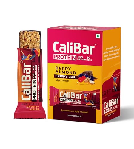 Image of CaliBar 10g Protein Bar - Berry Almond Crispy Bar (Pack of 6) Real Bits of Cranberry & Blackcurrant, Low In Sugar, Sweetened With Honey, Gluten-Free, 4g Fiber, No Preservatives , No Palm oil (40g x 6 Bars)