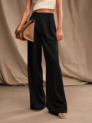 Image of KOTTY Women's High Waist Wide Leg Trousers | Solid Relaxed Fit Pants for Office, Casual Soft Flowing Polyester Blend Pants for Women