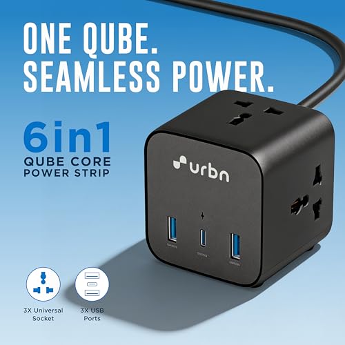 Image of URBN 6-in-1 Qube Core Power Strip | 3 Universal Sockets (2500W) + 3 USB Ports (20W PD) | Fast Charging | Heavy Duty 2m Power Cord | Surge Protection | 1 Year Warranty (Black)