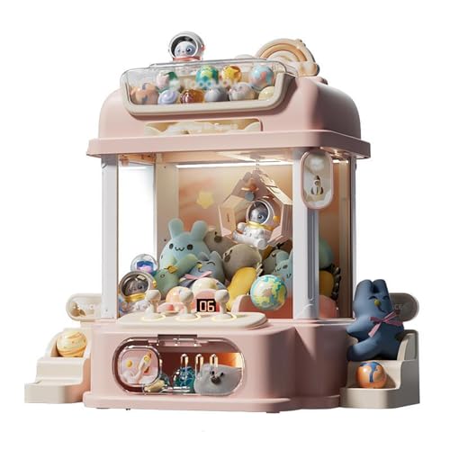 Machine Fete Foraine avec Télécommande ， Machine Attrape Bonbon avec 8 Planètes,2 Poupées Panda,25 Poupées,20 Gashapons pour Les Cadeaux De Noël ,Pink