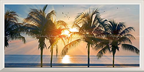 絵画風 壁紙ポスター (はがせるシール式) -窓の景色- ハワイ オアフ島の夕陽とパームツリー 海 パノラマ 【扉なし窓仕様】 キャラクロ HWI-101NS1 (1152mm×576mm) 建築用壁紙+耐候性塗料 <日本製> ウォールステッカー お風呂ポ