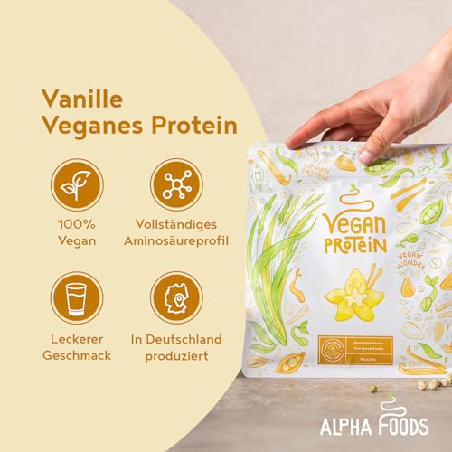 Alpha Foods Vegan Protein Pulver, 1200g, 22g Proteingehalt pro Portion, Vanille Geschmack, 40 Shake Portionen, pflanzliches Proteinpulver, optimales Aminosäurenprofil