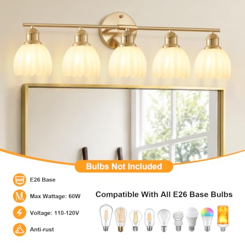Image of Bathroom Light Fixtures, 5-Light Brushed Gold Vanity Lights for Bathroom with White Tulip Glass Shade, 30 inch Vintage Bathroom Vanity Lighting Fixtures Over Mirror for Bedroom Living Room Hallway