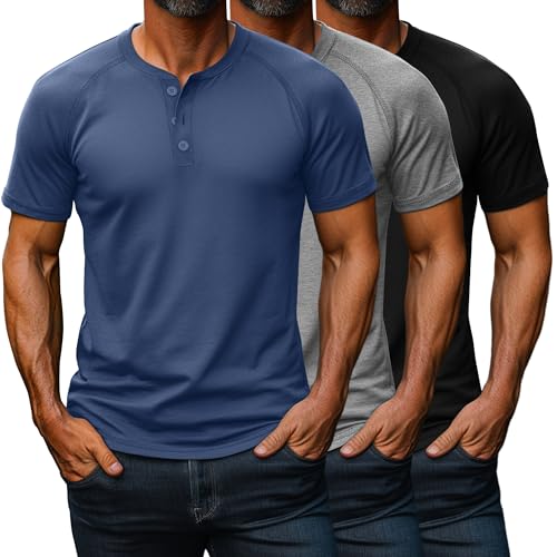 Riyiper 3 Pack Henley Shirts for Men Short Sleeve Raglan M-5XL Cotton Regular and Big Tall Tops Casual Summer Basic Tee