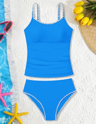 Image of Girls Swimsuit Solid Color Tankini Contrast Trim Swimwear 2 Piece Bathing Suit Padded Swimsuits for Teens 9-16Y
