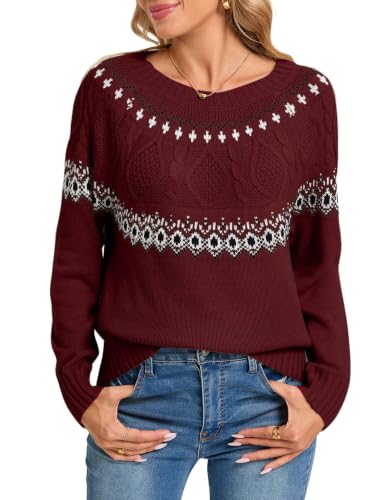 Image of Women's Fair Isle Sweater Crew Neck Long Sleeve Heart Sweater Vintage Tops