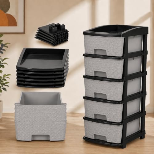 Image of Jefa Plastic Modular Drawer Storage Organizer | Multipurpose Storage Chest with Anti-Slip Design | Large Capacity Drawer Rack for Clothes, Shoes, Office & Home Use (Grey, 5)