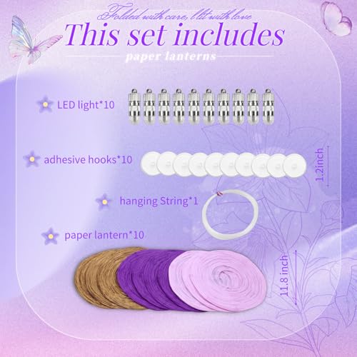Image of Purple Chinese Paper Lanterns with LED Lights, 10-Pack 12inch | Hanging Lights for Mardi Gras, Graduation, Birthday Decorations, Ceiling Decor, Home Party & Baby Shower