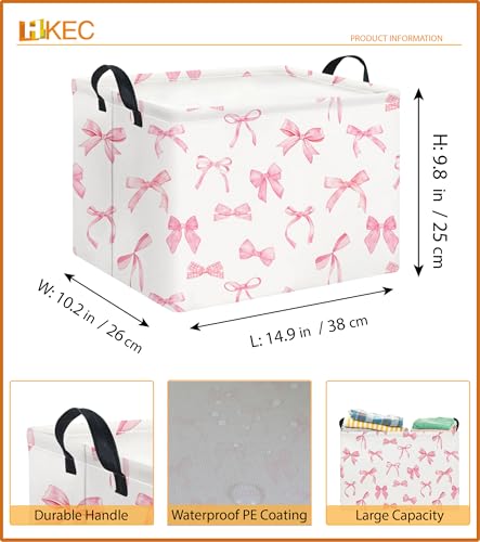Image of Rectangle Storage Basket with Handles,Waterproof Books Bin,Gift Basket,Room Decor(Pink Bowknot)