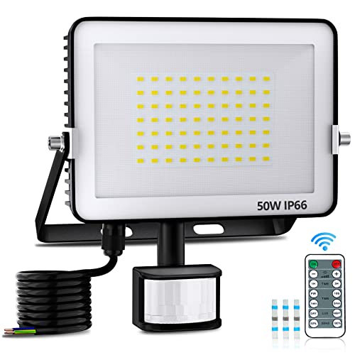 Dametay 50W LED Strahler Außen mit PIR Modus Superhell 5000LM LED Fluter mit Bewegungsmelder 6000K Kaltweiß Außenlampe IP66 Wasserdicht Außenstrahler für Hof Garten Hotel Innenhöfe Garage Sportplatz Cover
