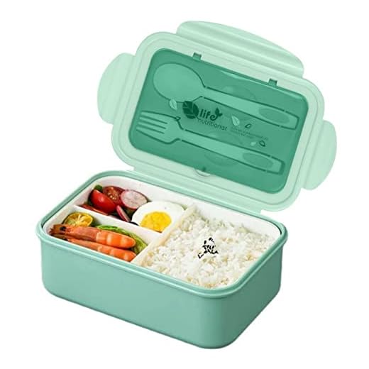 1400ml Caja de Almuerzo de Plástico , Caja de Bento con 3 Compartimentos y Cubiertos (Tenedor y Cuchara) (verde)