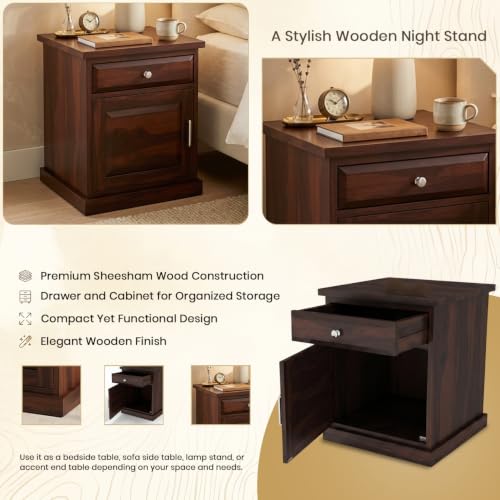 Image of SHIKHA WOOD CRAFT Solid Sheesham Wood Bedside Table with Drawer and Cabinet Storage | Multipurpose Wooden Nightstand Side End Table Furniture for Living Room, Bedroom, Hotel and Home (Walnut Finish)
