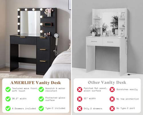 Image of AMERLIFE 36.2 inch Fluted Vanity Desk with Mirror and Adjustable LED Lights, Large 4 Drawers Makeup Table with Glass Top and Charging Station for Women and Girls, Bedroom or Dorm, Black