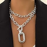 Rumtock 2pcs Silver Layered Chunky Chain Choker Necklace with Toggle Clasp Rectangle Oval Pendant Pu