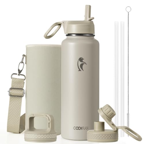 Image of Coolflask 40 oz Water Bottle Insulated with Straw & 3 Leakproof Lids