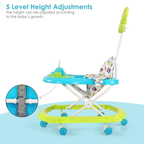 Image of BabyGo Gogo Baby Walker for 6-24 Months, Baby Walker with Push Handle & Activity Tray, Foldable Adjustable Height Infant Walker with Wheels, Music,Toy Bar and Comfotable seat (Blue -Green)