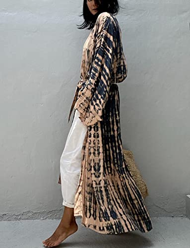 Women's Beach Cover Ups Open Front Tie Dye Maxi Cardigan Kimono Swimsuit with Belts3
