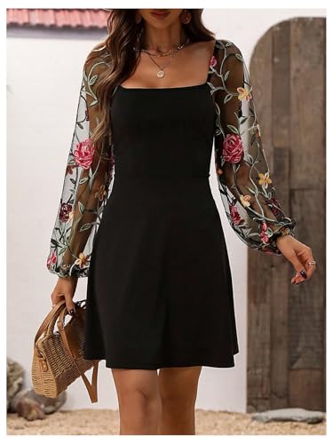 Image of Floerns Women's Floral Mesh Bishop Long Sleeve Square Neck Boho A Line Dresses