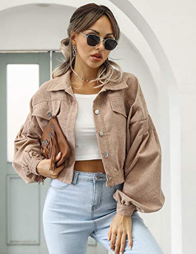 Qiaomai Womens Cropped Corduroy Jacket Loose Button Down Puff Sleeve Shacket Coat3