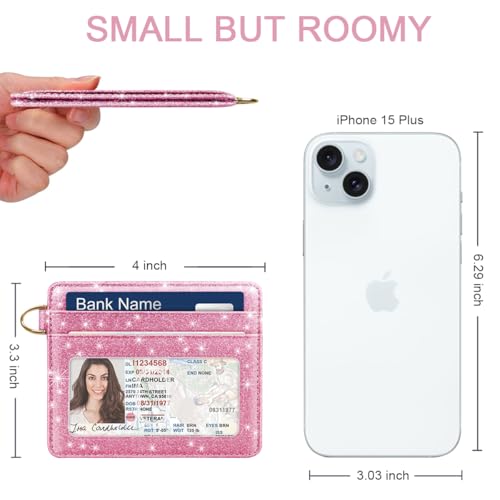 Image of Slim Minimalist Pocket Credit Card Holder Wallet Women | RFID Blocking Lightweight Thin Small Cute Card Cases, Glitter Peach