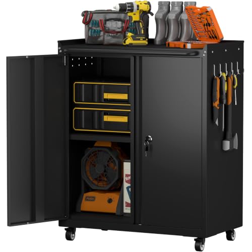 GREATMEET Garage Storage Cabinet with Wheels, Utility Cabinet | Lockable Rolling Metal Storage Cabinets with Adjustable Shelf, Push Handle for Shop, Office, Black