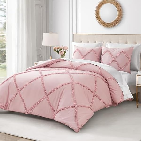 Juicy Couture Diamond Zestaw kołder w rozmiarze queen, 3-częściowy, pościel z falbanką, można prać w pralce, dwustronny, jasnoróżowy