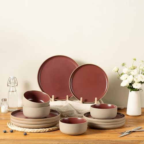 Dafuceramic 12 Pieces Dinnerware Sets,Plates and Bowls Sets,Handmade Reactive Glaze Dishes Set for 4 with at Least 10% Recycled Ceramic and the Raw Texture of the Clay (Angora Red)