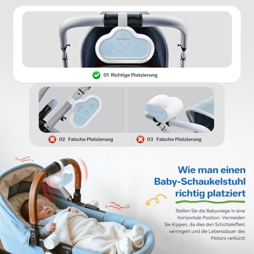 Robofun Kinderwagenschaukler, Einschlafhilfe Baby Wiederaufladbar (USB-C), Schlafhilfe Für Baby Mit 30, 60, 90 Min Timer, 3 Einstellbare Schaukelintensitäten, Universell Für Kinderwagen & Buggy