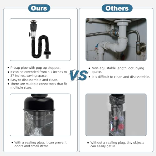 iFealClear Bathroom Sink Drain Kits, Flexible P-Trap Drain Pipe with Pop Up Stopper, Bathroom Sink Pipe Replacement with 2 Adapters, Fits 1-1/4'', 1-1/2'', 2" Holes, Hair Catcher, Oil Rubbed Bronze by iFealClear - Image 5