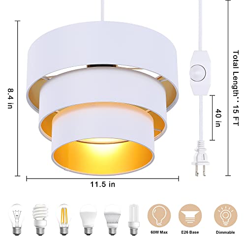 Mateyrie Plug In Pendant Light, Hanging Lamp With Dimmable Switch, Pendant Light Fixtures With 15 Ft Cord, Swag Light With White Fabric Shade For Bedroom, Kitchen, Living Room, Dining Table #TOP4