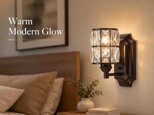 Image of 1 Light Crystal Modern Oil Rubbed Bronze 2 Pack Wall Sconce Light Fixture