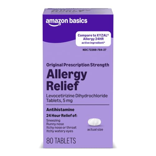 Amazon Basics 24 Hour Allergy Relief, Levocetirizine Dihydrochloride Tablet, 5 mg, Antihistamine, Relieves Sneezing, Runny/Itchy Nose, Throat Itchy, Watery Eye, 80 Count (Previously Care) - image 1