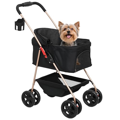 PawHut Carrito para Perros Plegable 3 en 1 Cochecito para Mascotas Carrito para Perros Miniatura con Cesta de Almacenaje Ventana de Malla Portavasos y 2 Ruedas Universales 76x50x102 cm Negro