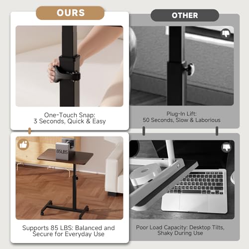 Image of GTPLAYER Small Standing Desk, 24 Inches Foldable Mobile Rolling Laptop PC Table with Lockable Casters, Adjustable Height Overbed Bedside Table Computer Workstation for Home Office, Dark Brown-Foldable