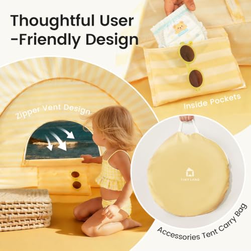 Image of Tiny Land Baby Beach Tent - Pop Up Baby Tent with UV Protection, Portable Baby Beach Essentials, 35.4 inchx27.6 inchx31.5 inch Sun Shelter for Infants, Baby Summer Outdoor Use (Pastel Yellow Stripes)